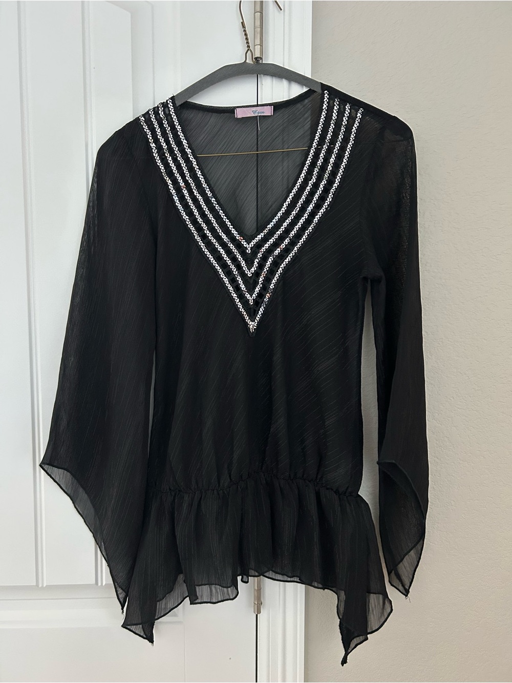 Black Sheer V-Neck Tunic with Beaded Trim